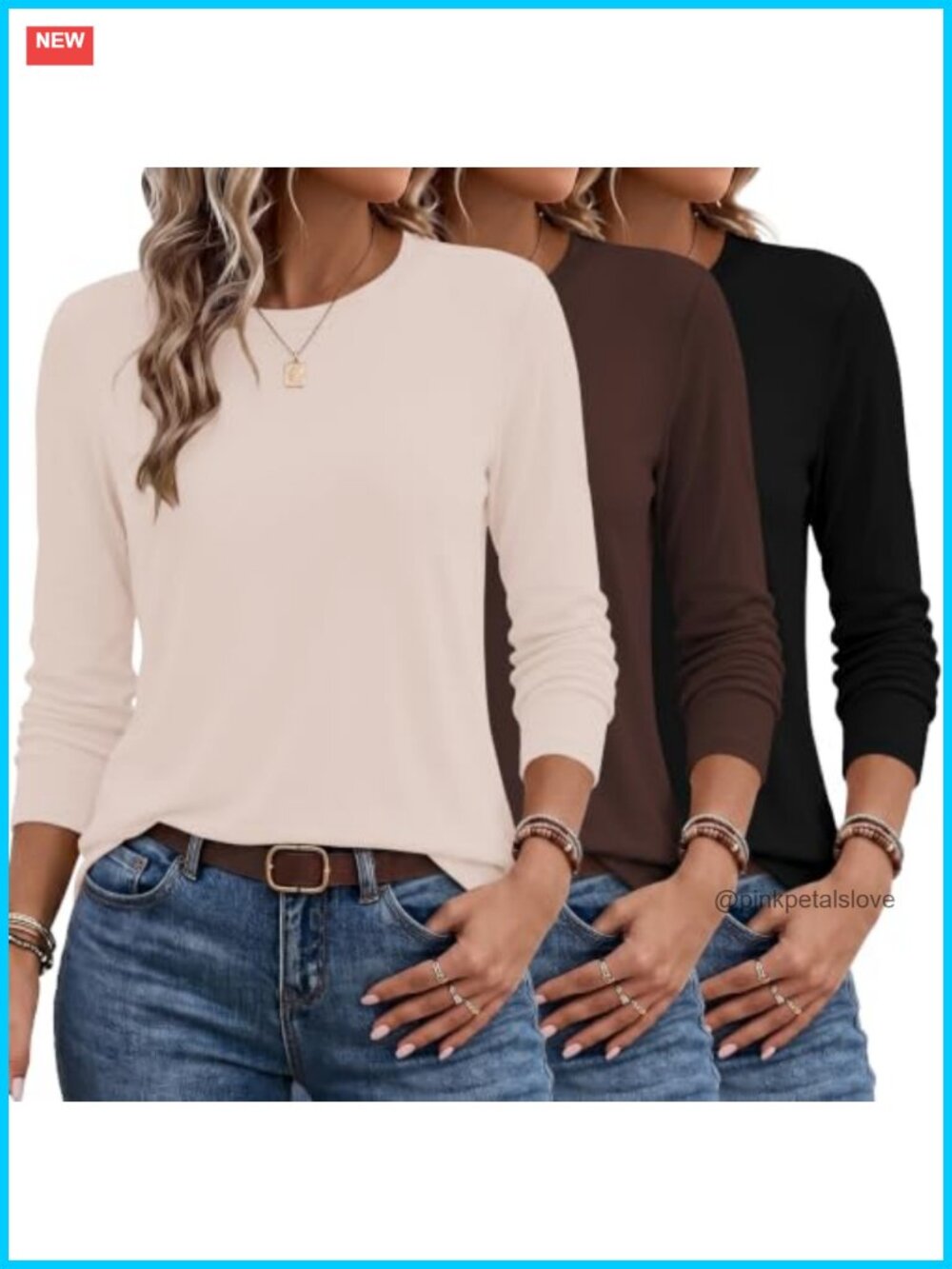 Womens 3 Pack Long Sleeve Crew Neck T-Shirts Loose Fit Casual Fall Basic Tops